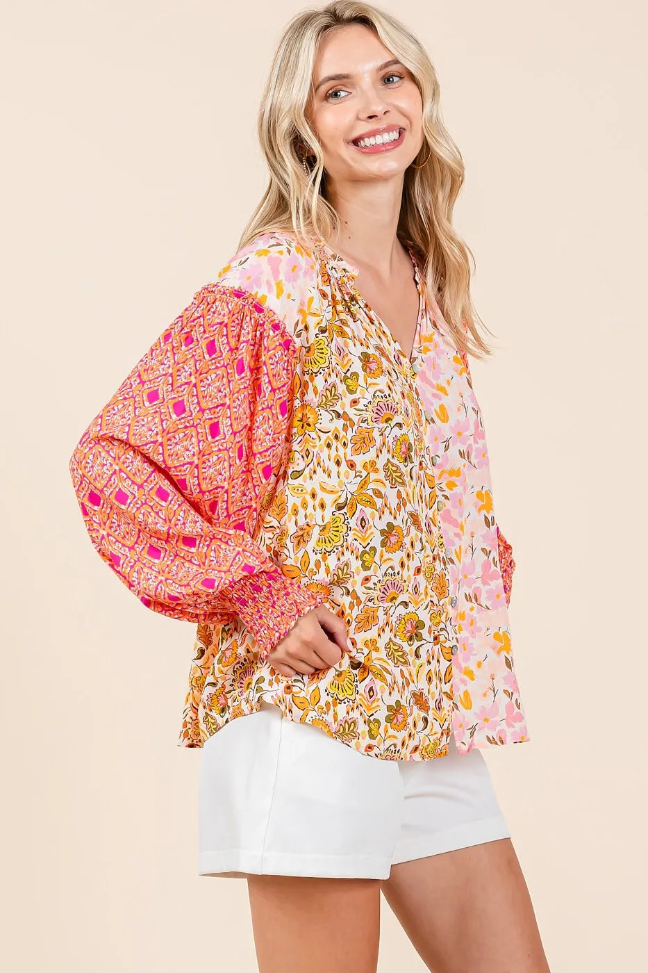 Mittoshop Mixed Patchwork Print Long Sleeve Blouse