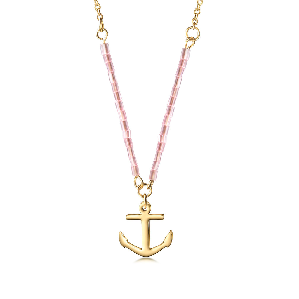 Pink Beaded Anchor Pendant Necklace